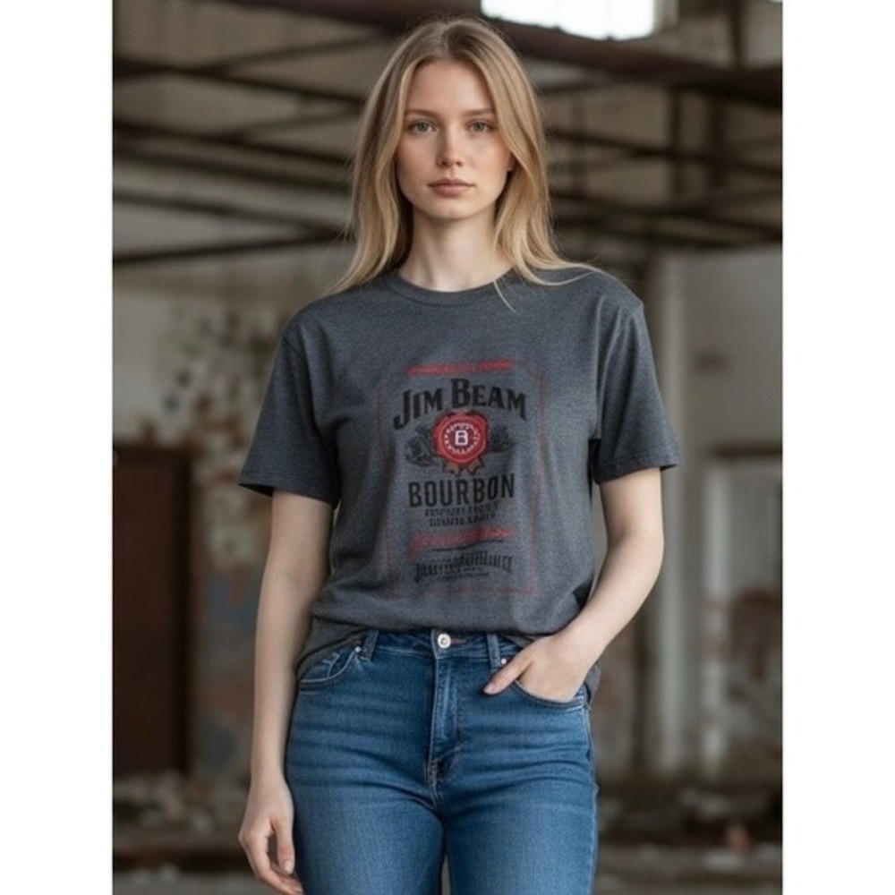 Jim Beam Bourbon T-Shirt Women Large Gray Excellent Graphic Tee Short Sleeve